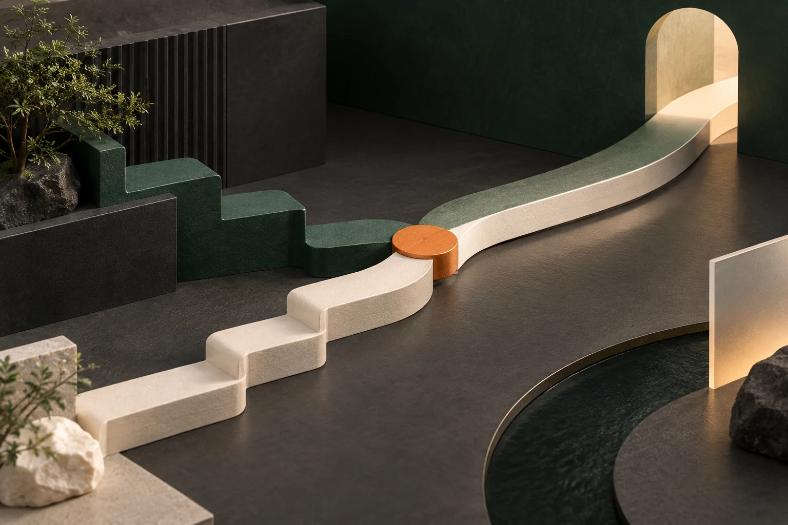 Two stepped paths align into one continuous route